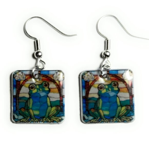 Resin Drop Dangle Earrings, Blue Frog Design, Decorative Square Pendant, Fashion - Picture 1 of 3